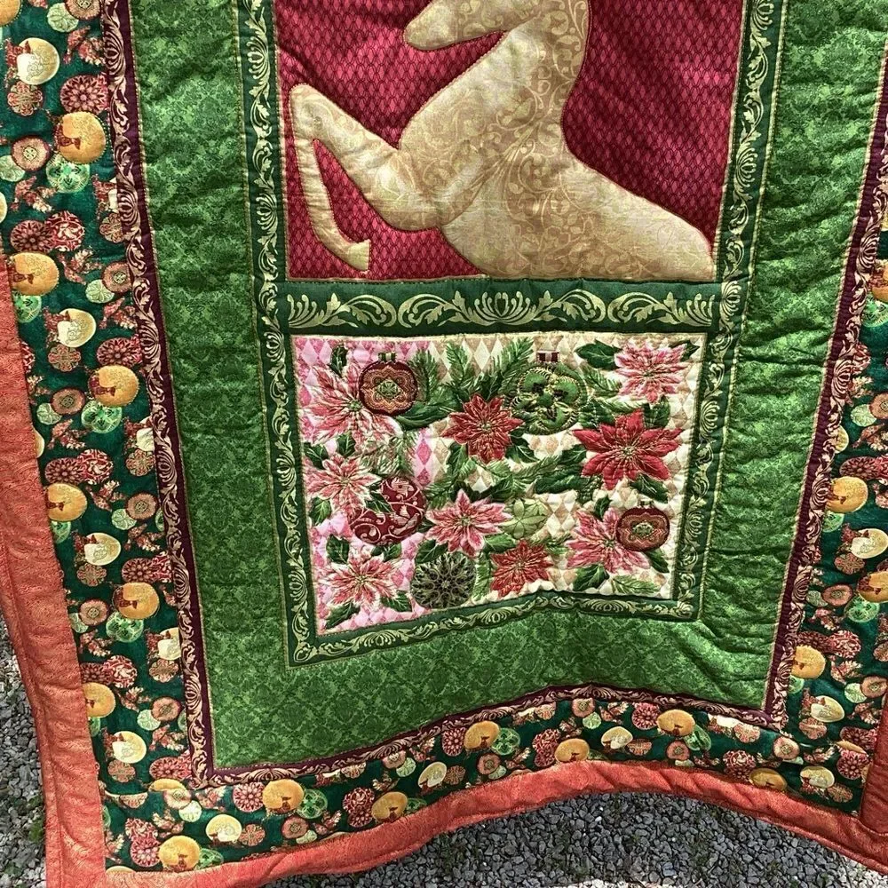 NWT. Hand Crafted Golden Reindeer Lap Quilt/Wall Hanging